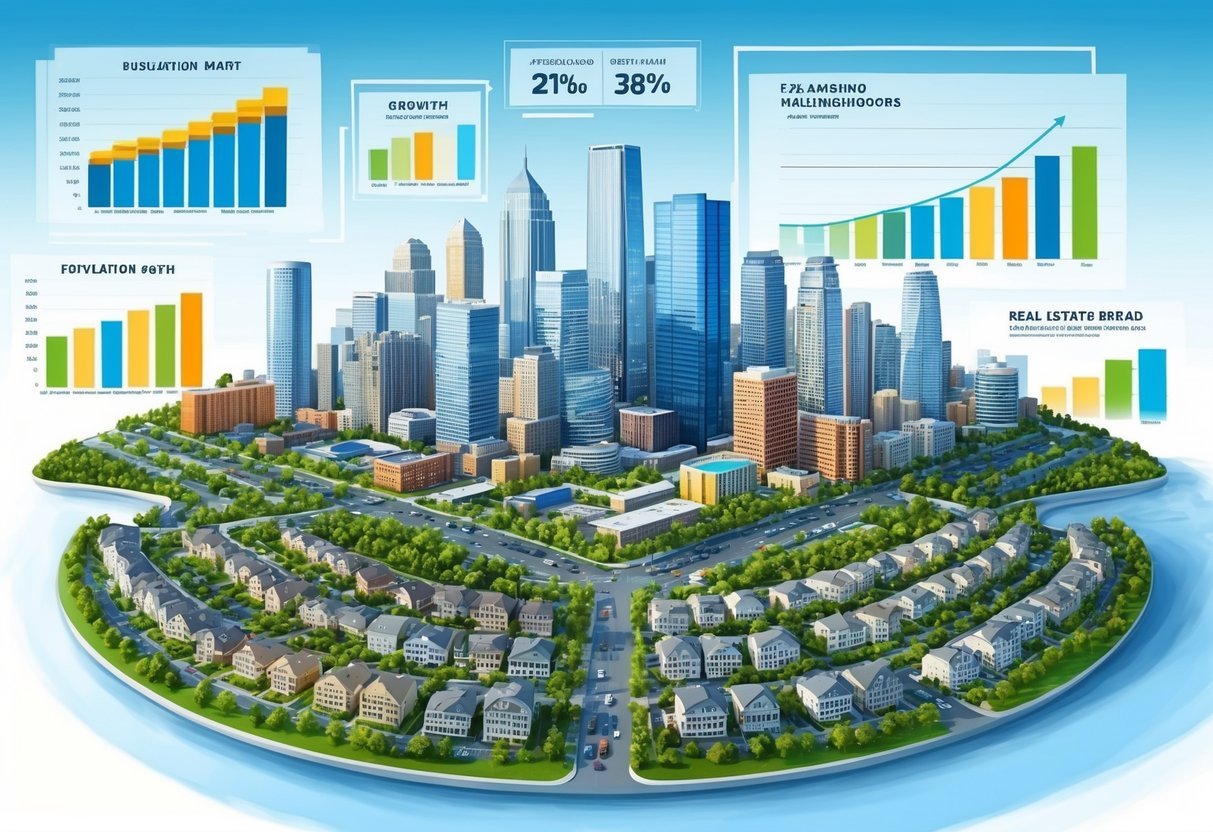 A bustling city skyline with expanding neighborhoods, surrounded by graphs and charts showing population growth and real estate market trends