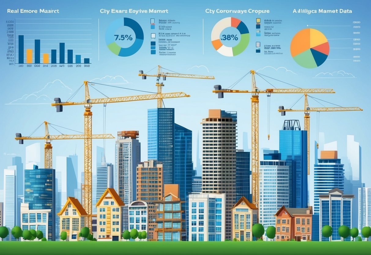 A bustling city skyline with construction cranes and buildings in various stages of development, surrounded by charts and graphs showing real estate market data
