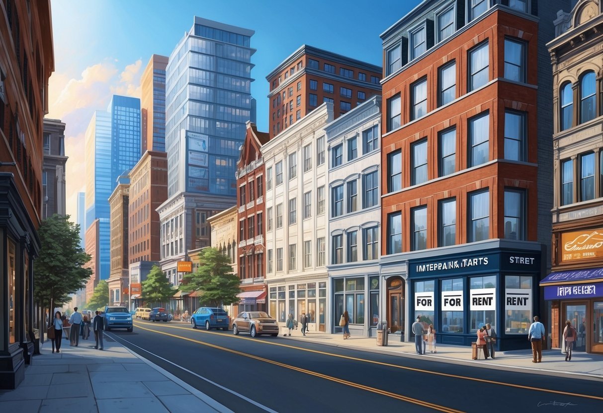 A bustling city street with "For Rent" signs in various windows, a mix of modern high-rises and historic buildings, surrounded by a diverse array of businesses and restaurants