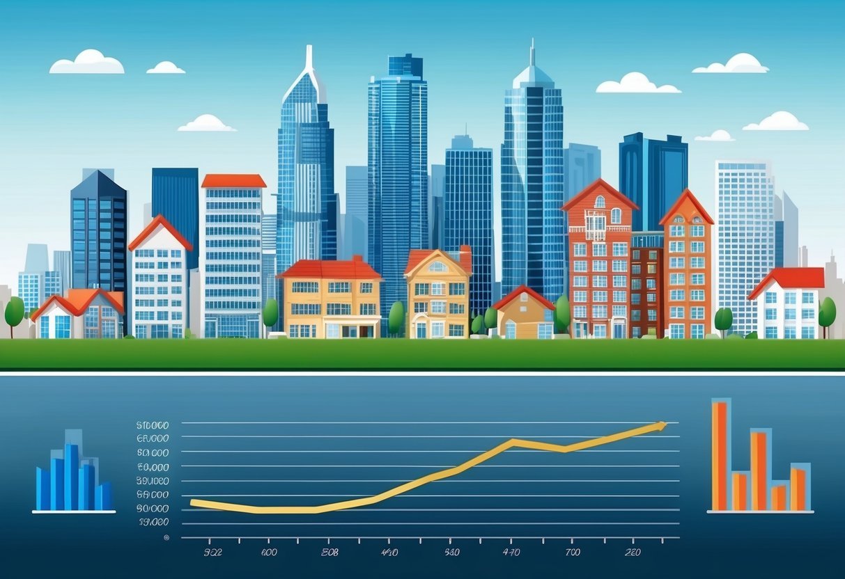 A city skyline with various types of real estate properties and a graph showing fluctuating crime rates