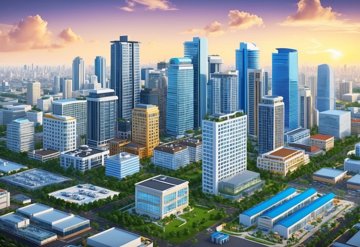 A bustling city skyline with various types of real estate properties, such as residential buildings, commercial spaces, and industrial complexes, surrounded by a dynamic market environment