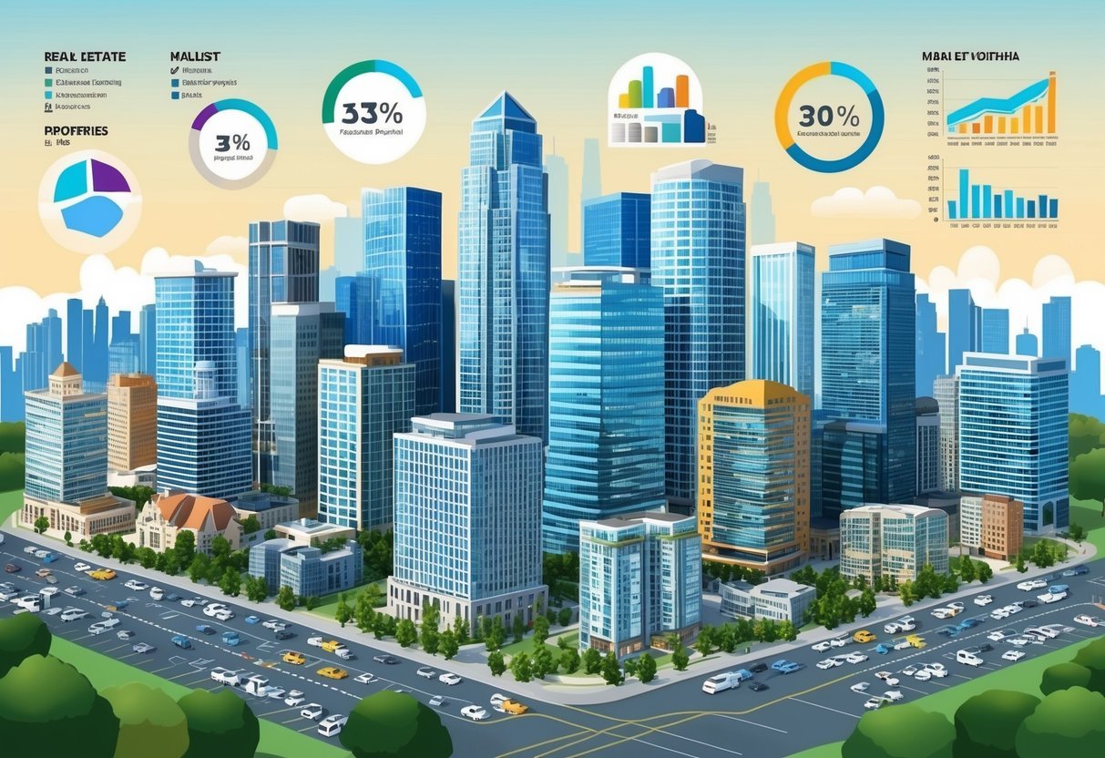 A bustling city skyline with various types of real estate properties, such as office buildings, residential complexes, and retail spaces, surrounded by charts and graphs indicating market potential