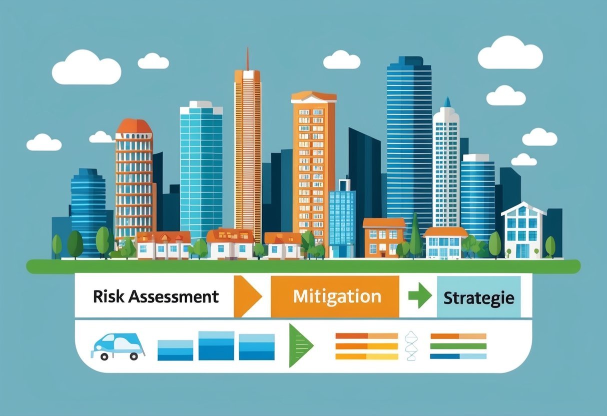 A city skyline with various real estate properties, including residential and commercial buildings.</p><p>A graph or chart showing risk assessment and mitigation strategies