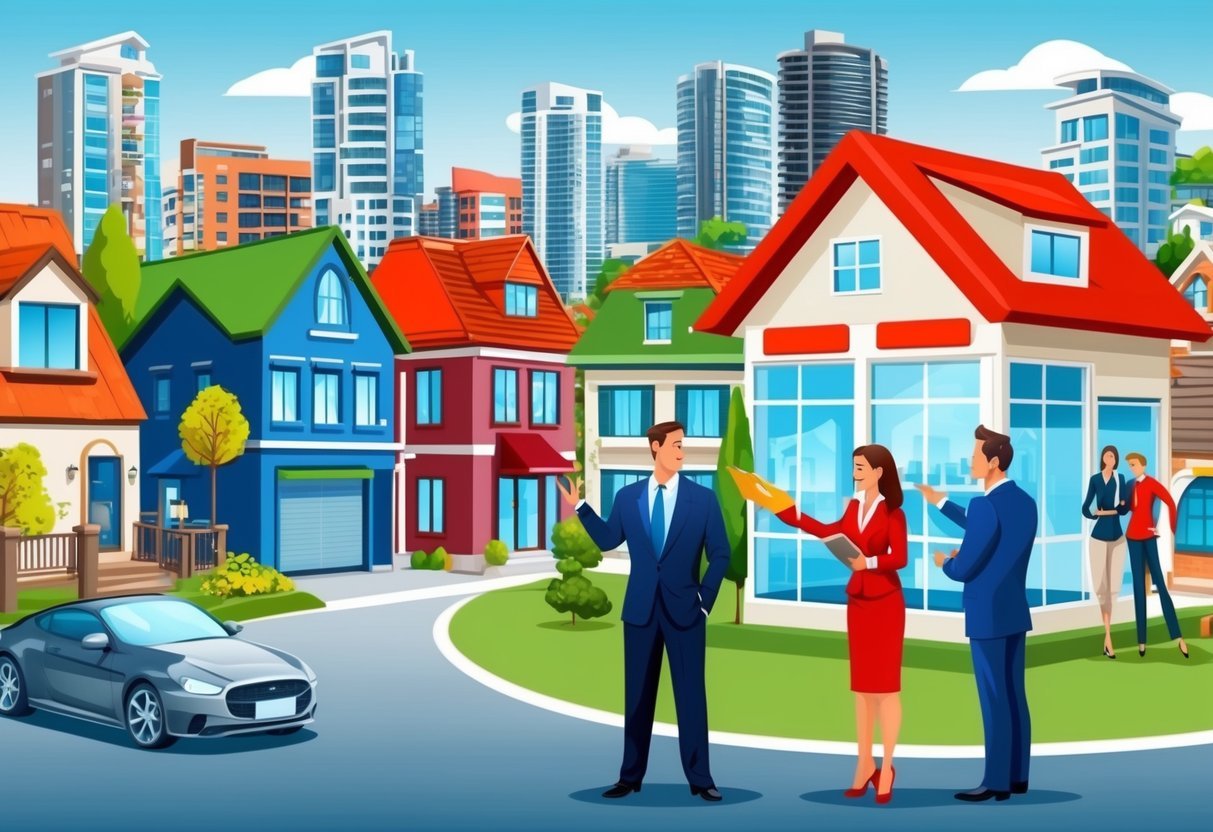 A bustling real estate market with diverse properties and investors seeking advice from an expert
