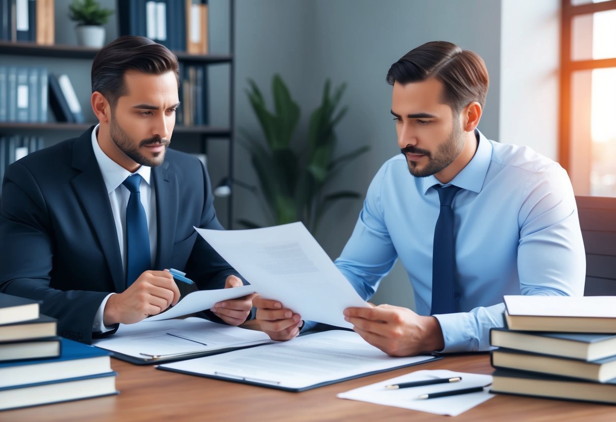 Two men in suits reviewing documents at a desk in an office