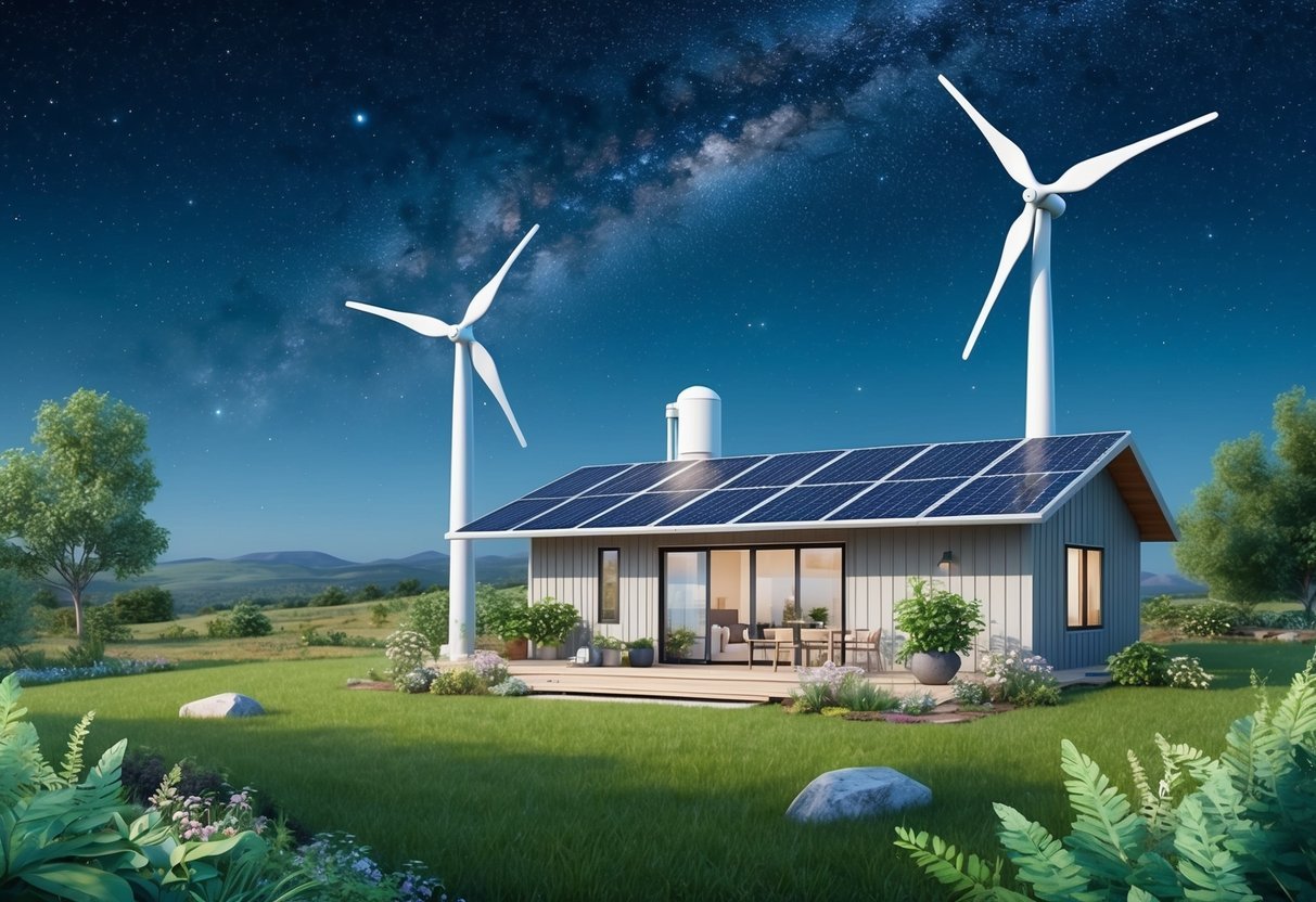 A serene off-grid property with solar panels, wind turbines, and lush gardens, surrounded by untouched natural landscapes, with a clear view of the starry night sky