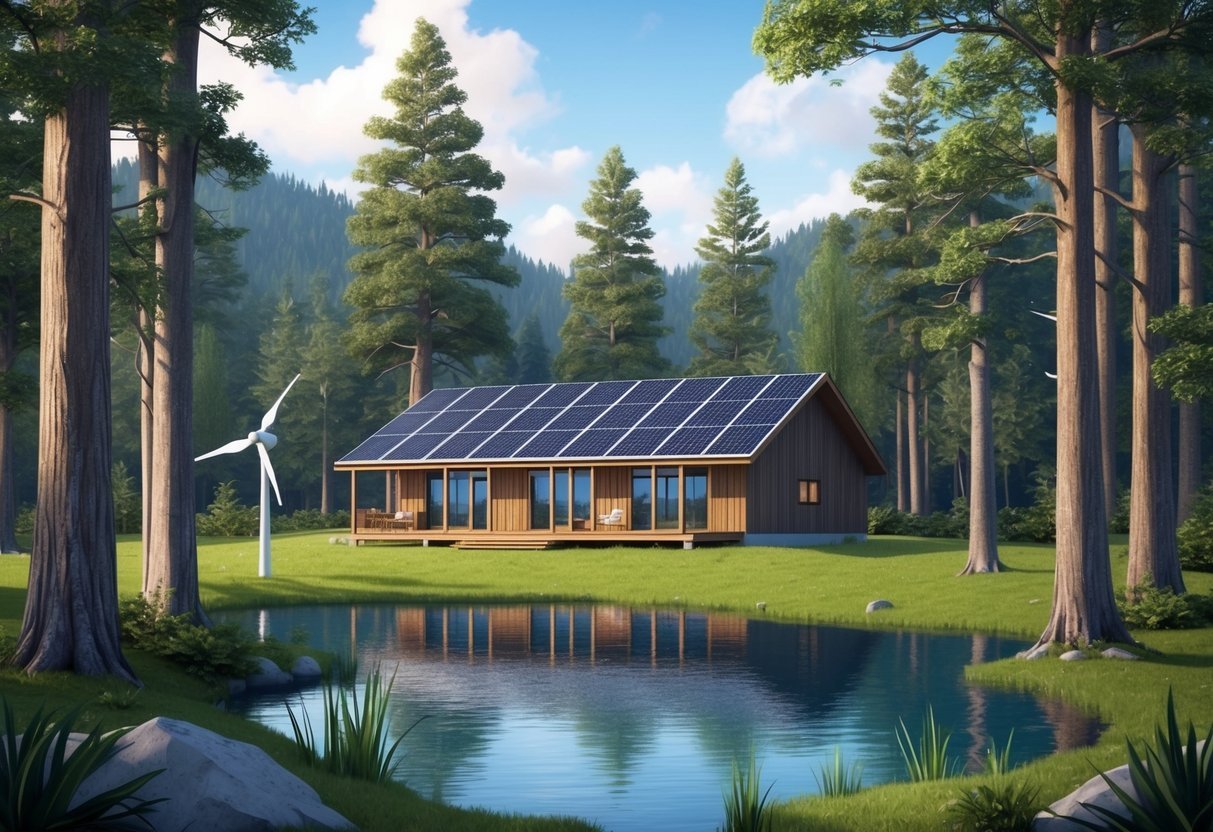 A secluded off-grid property nestled in a lush forest, surrounded by tall trees and a serene lake, with solar panels and a wind turbine providing sustainable energy