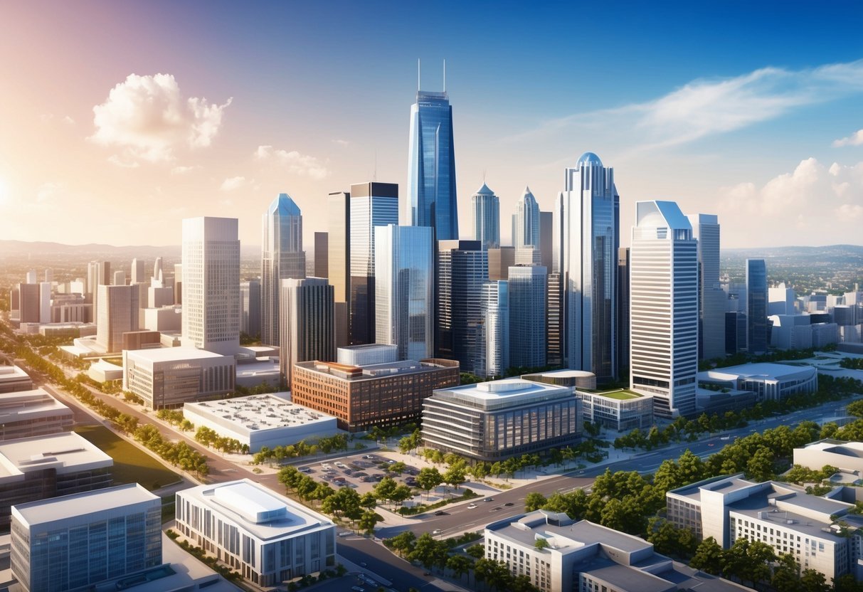 Aerial view of a modern city skyline with tall skyscrapers and buildings