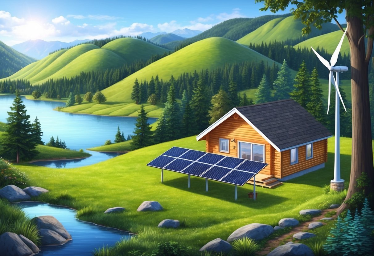 A picturesque off-grid property nestled in a lush natural setting, surrounded by rolling hills, dense forests, and a serene lake.</p><p>Solar panels and a wind turbine provide sustainable energy, while a cozy cabin offers a peaceful retreat