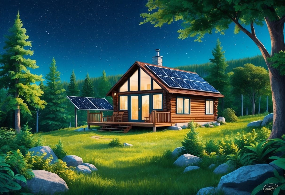 A secluded cabin nestled in the wilderness, surrounded by lush greenery and solar panels, with a clear view of the starry night sky