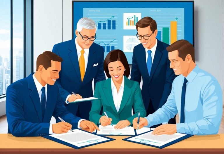 Business team signing documents at a table with charts in the background