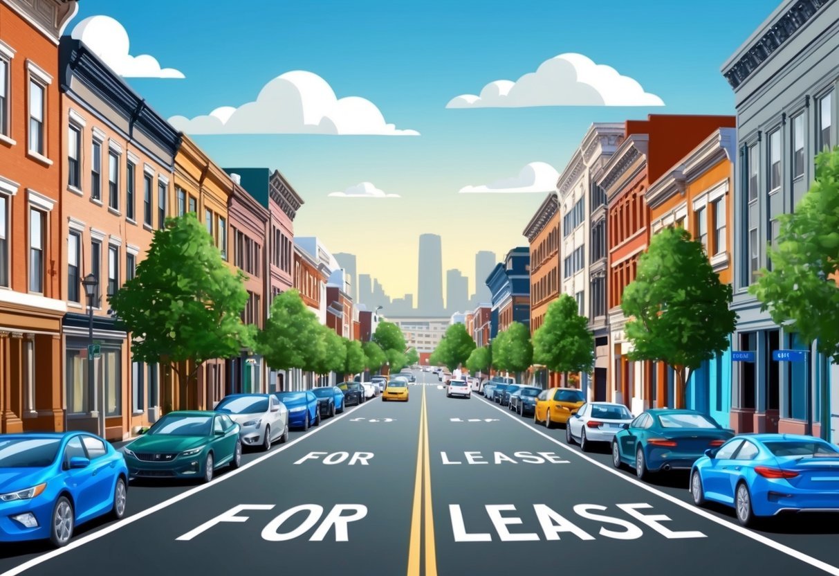 A bustling city street lined with well-maintained buildings and "For Lease" signs nowhere to be seen.</p><p>A mix of residential and commercial properties with high demand and low vacancy rates