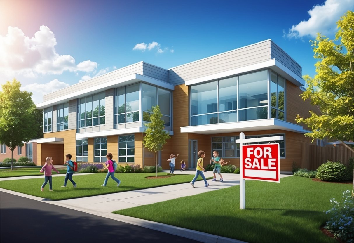 A sunny neighborhood with a modern school building, children playing outside, and a "For Sale" sign on a well-maintained property