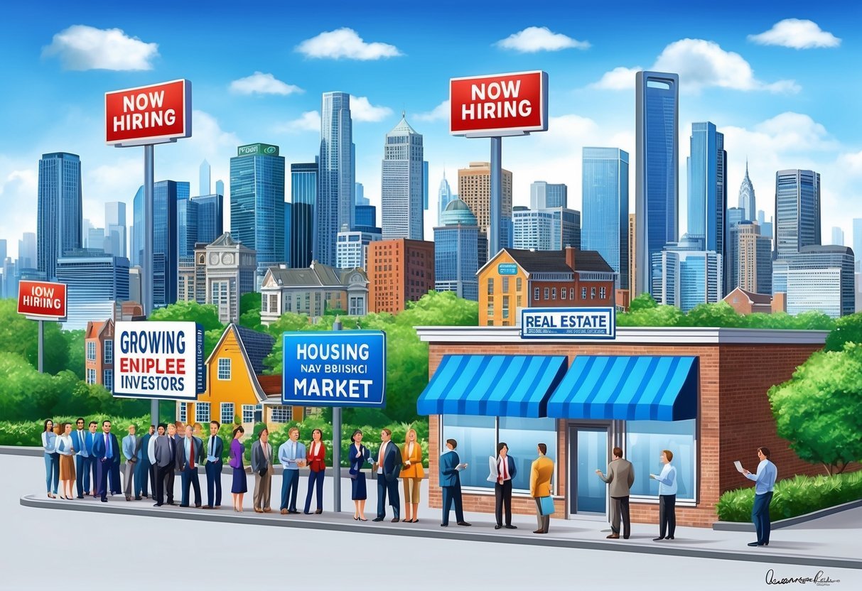 A bustling city skyline with "Now Hiring" signs, a growing housing market, and a line of eager investors outside a real estate office