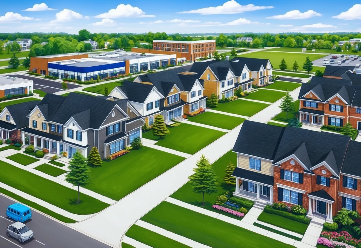 A suburban neighborhood with well-maintained houses, green lawns, and modern amenities.</p><p>A bustling commercial area nearby and easy access to public transportation