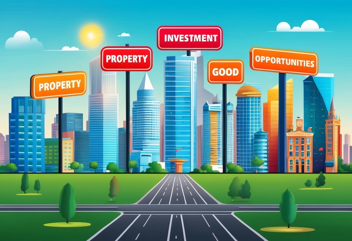 A vibrant city skyline with seven distinct signs indicating good property investment opportunities