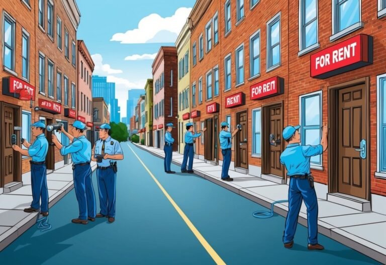Cartoon of men in blue uniforms checking doors on a street with "For Rent" signs