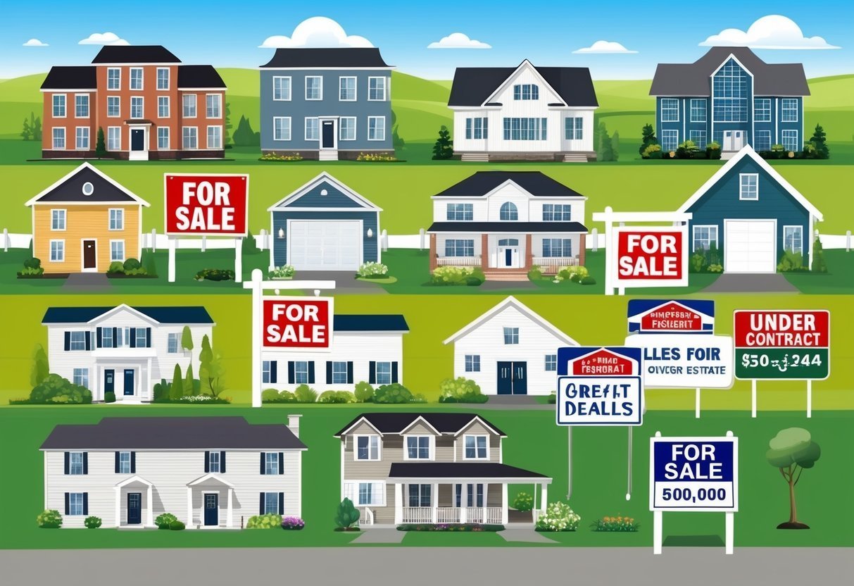 Illustration of various houses for sale, with "for sale" signs and price tags