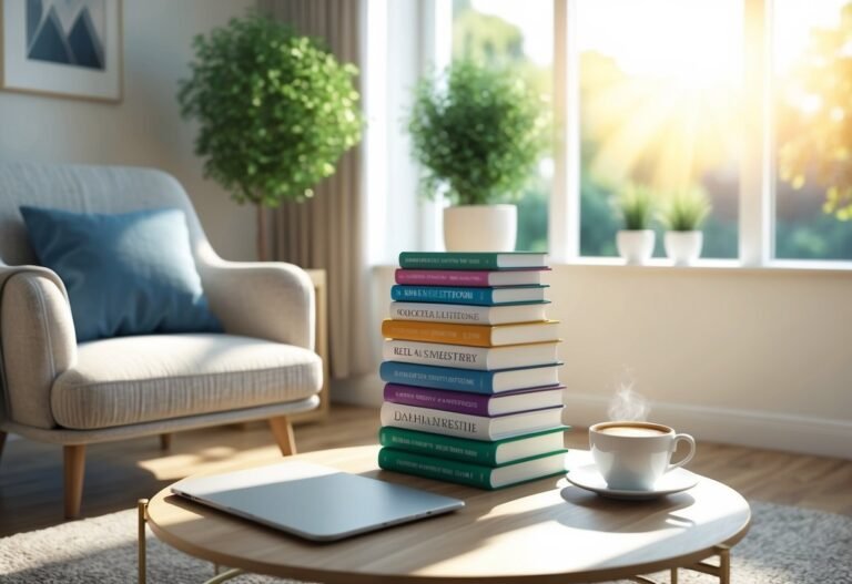 Stack of books, laptop, and coffee cup on a table near a window