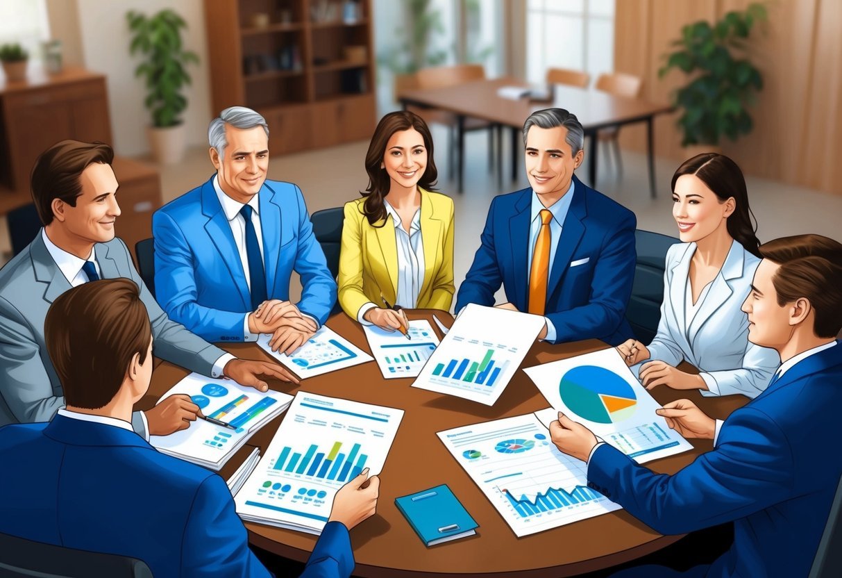 A group of professionals gathered around a table, discussing real estate investment strategies and reviewing financial reports