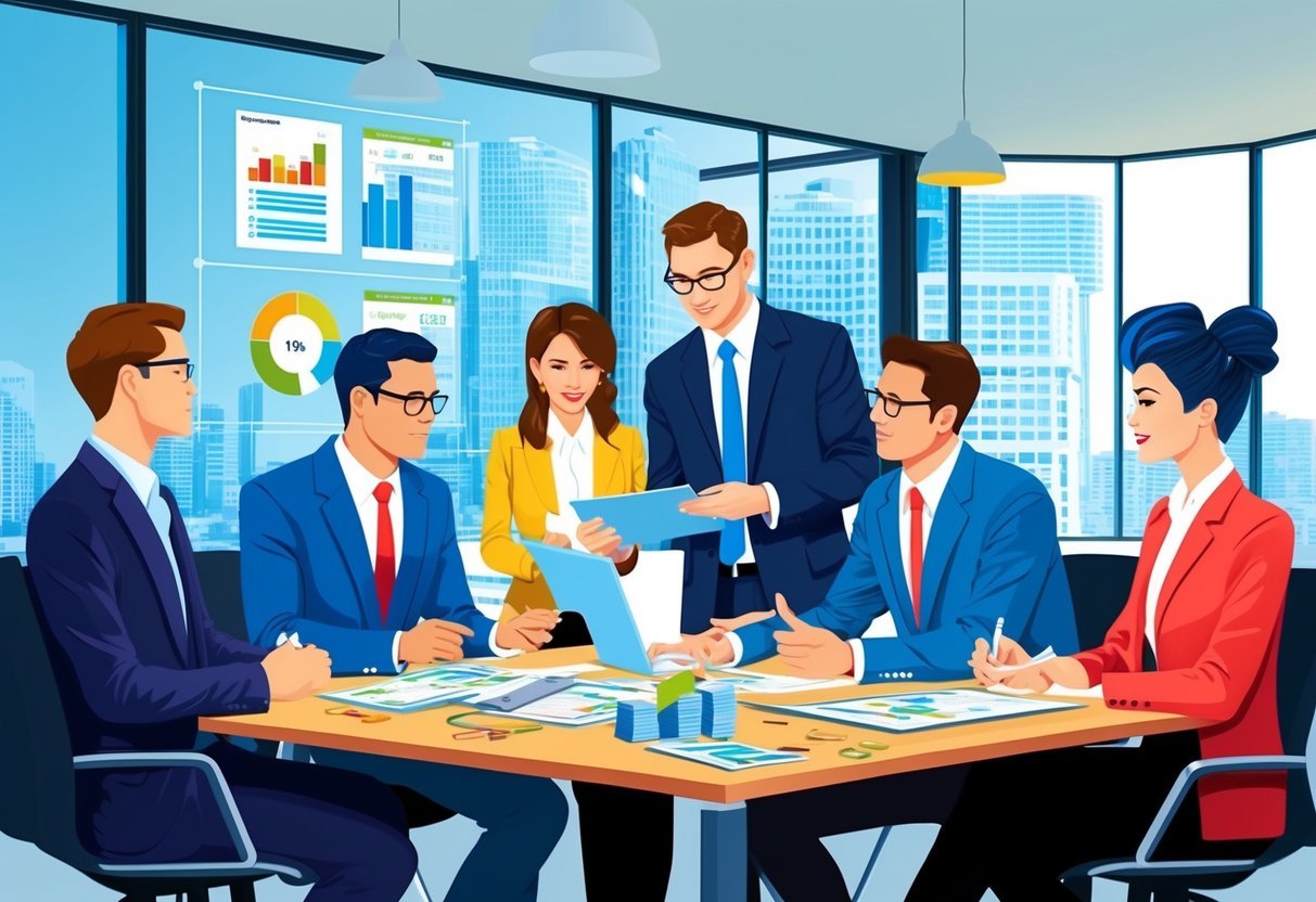 A group of professionals discussing real estate investments, examining property data, and collaborating on financial strategies in a modern office setting