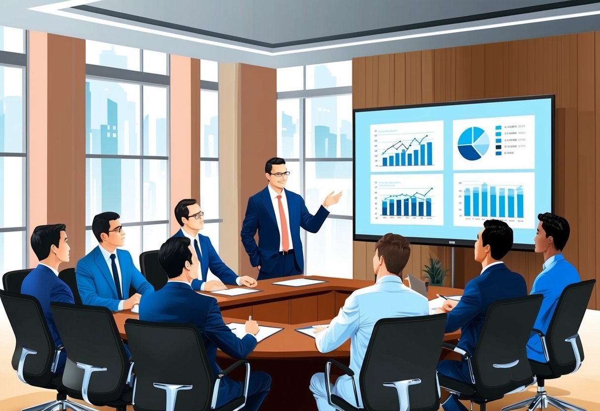 A group of professionals discussing real estate investments in a boardroom, with charts and graphs displayed on a large screen