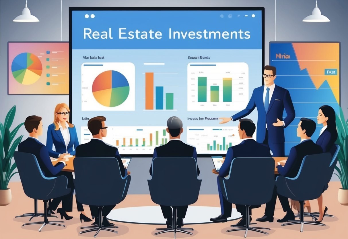 A group of professionals discussing real estate investments, with charts and graphs displayed on a large screen