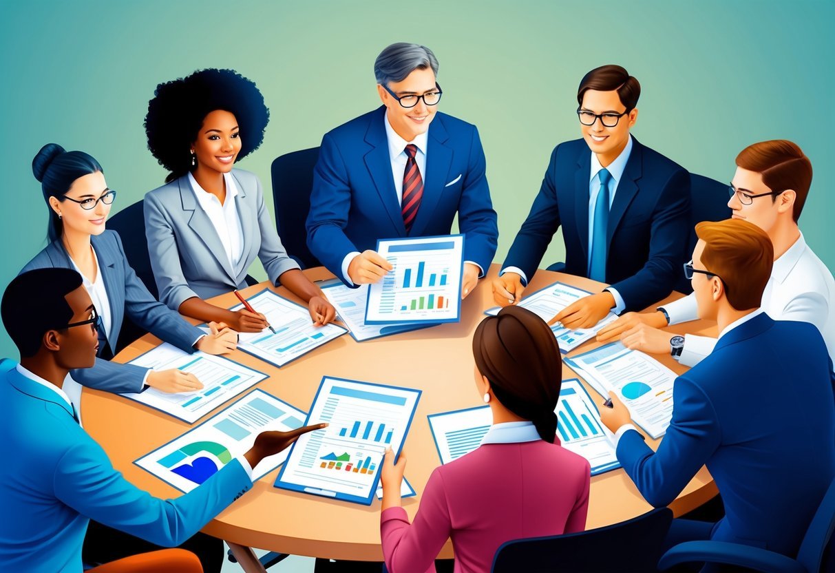 A group of diverse professionals collaborating around a table, discussing real estate investment strategies and reviewing documents