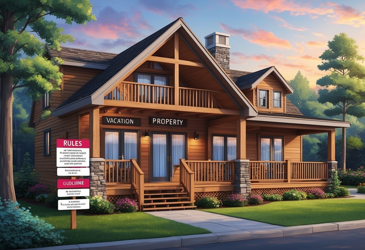 Wooden vacation property with signs for rules and guidelines, surrounded by trees