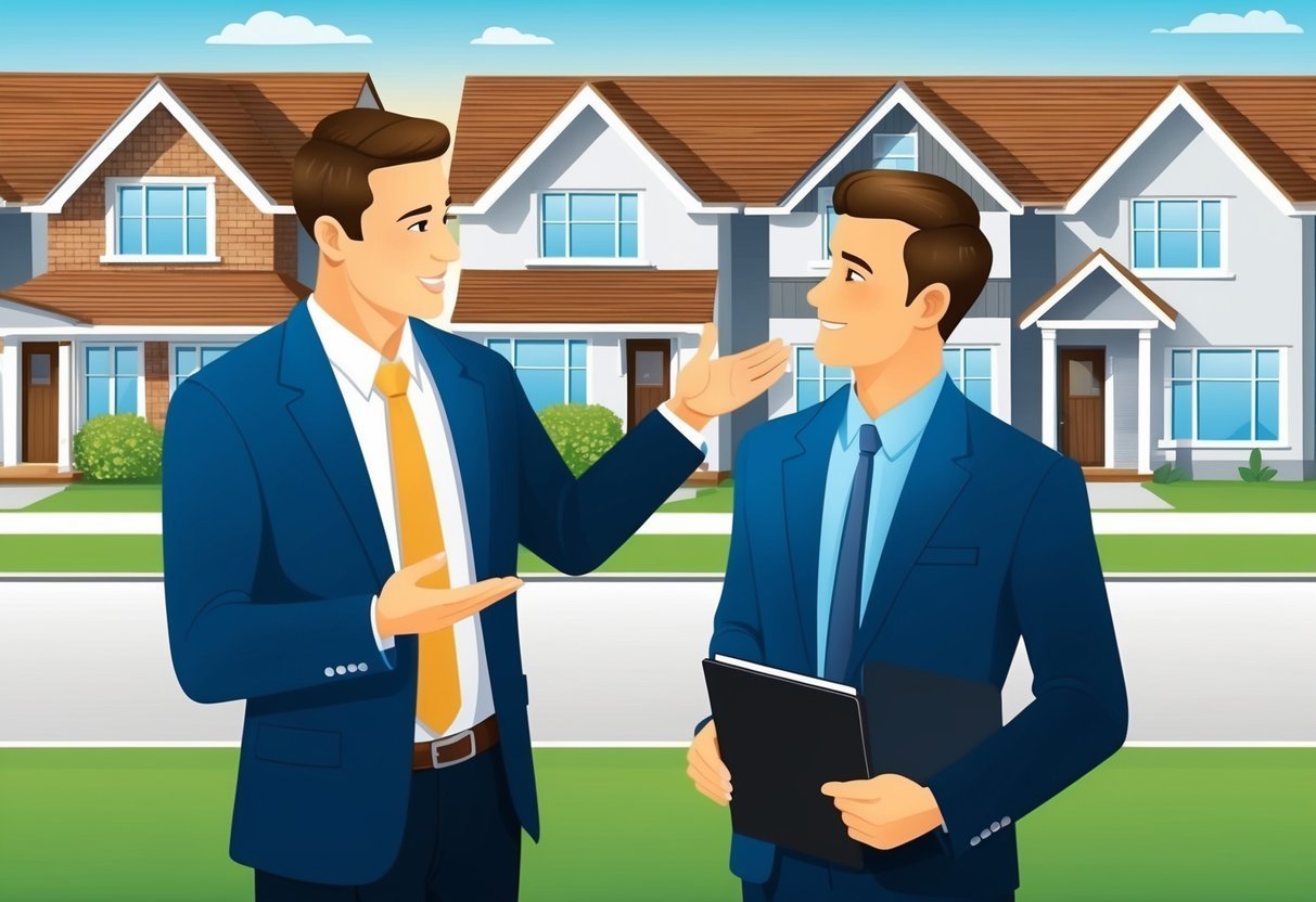 Two real estate agents discussing in front of a row of houses