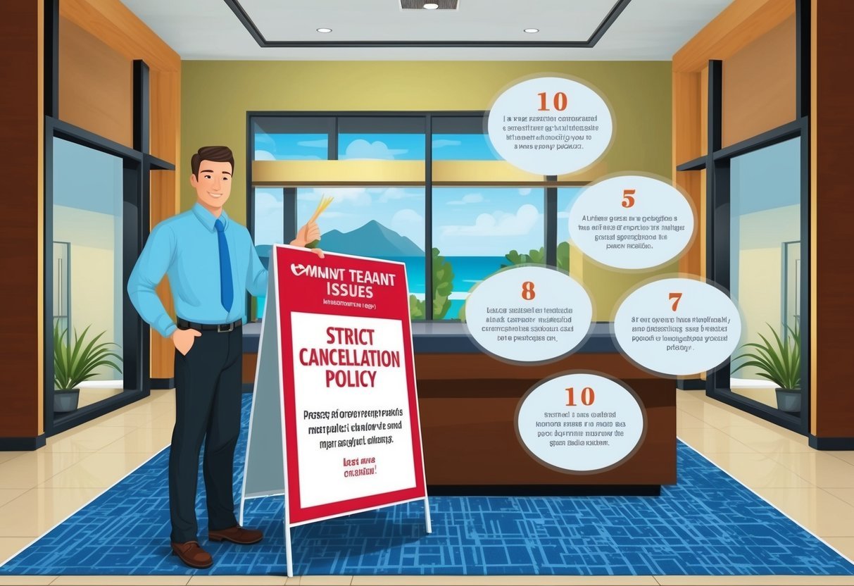 A vacation rental property manager posting a "Strict Cancellation Policy" sign in the lobby, surrounded by 10 strategies for minimizing tenant issues