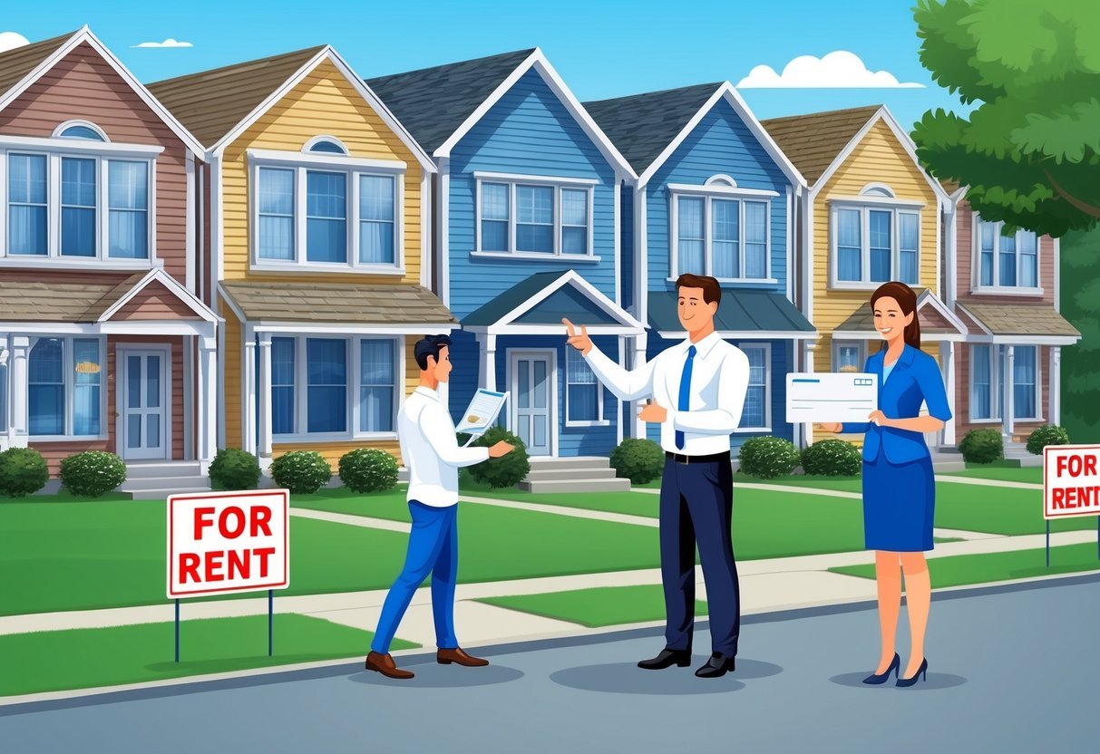 A row of rental properties with "For Rent" signs, a landlord collecting monthly rent, a real estate agent showing a property, and a homeowner receiving a passive income check