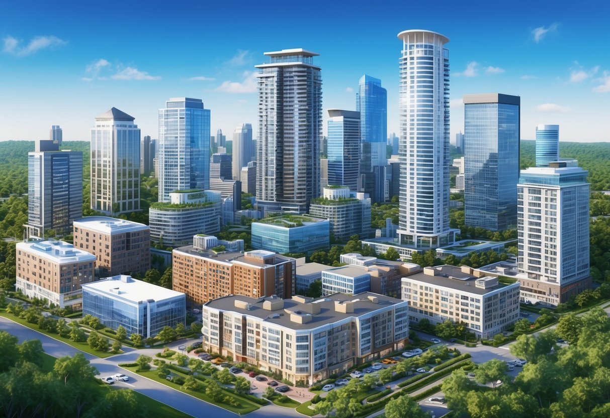 A bustling city skyline with various real estate properties, including apartment buildings, office towers, and retail spaces, surrounded by greenery and a clear blue sky