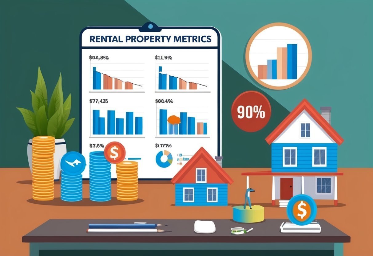 Rental property metrics with graphs, houses, coins, and a 90% indicator