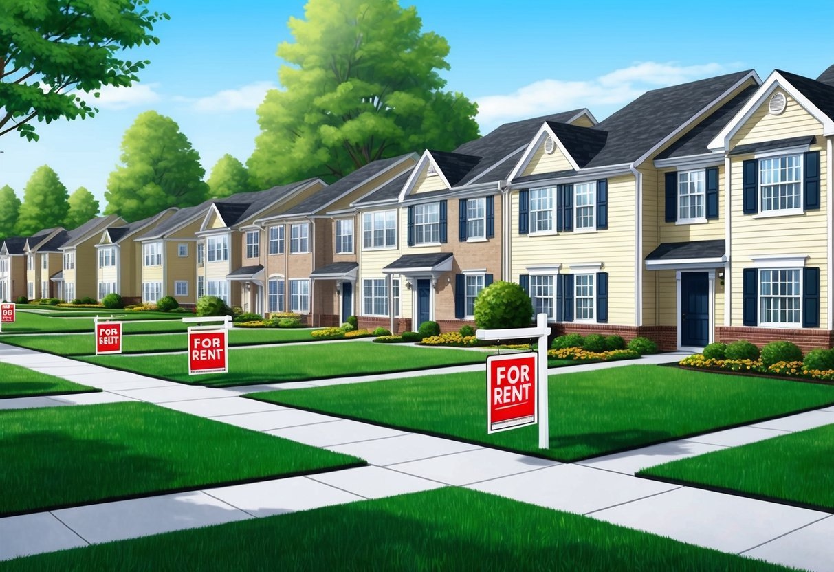 A suburban neighborhood with rows of rental properties, each with a "For Rent" sign in the front yard.</p><p>The houses are well-maintained and surrounded by neatly trimmed lawns and landscaping