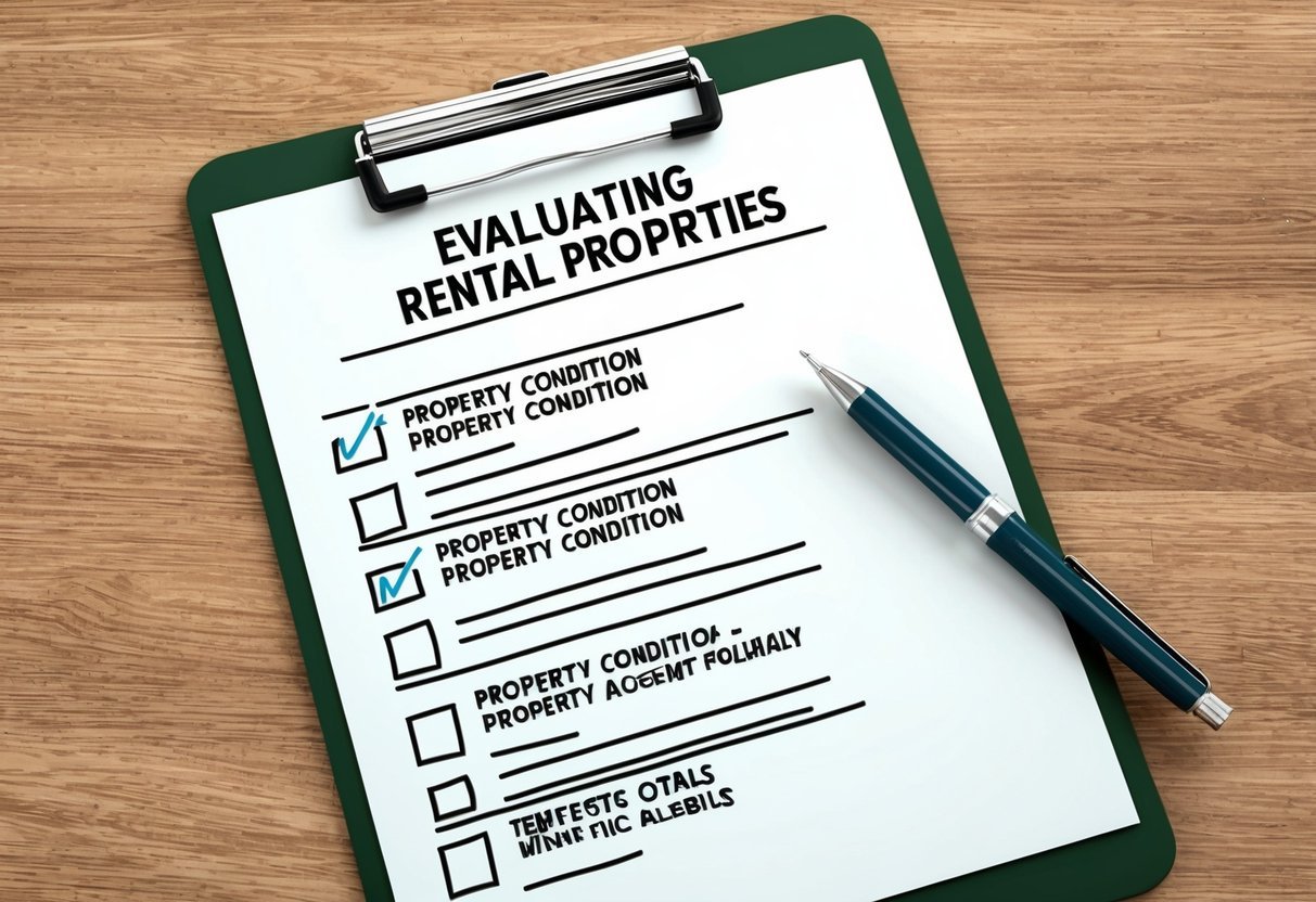 A checklist with seven key metrics for evaluating rental properties, including property condition, is displayed on a clipboard with a pen next to it