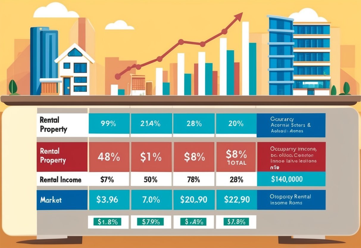 A table with charts and graphs showing rental property metrics like occupancy rates, rental income, and market trends