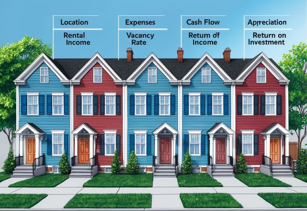 A row of houses with various metrics displayed: location, rental income, expenses, vacancy rate, cash flow, appreciation, and return on investment