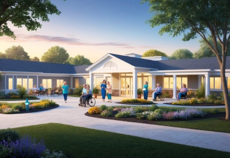 Exterior of a senior living facility with residents and caregivers