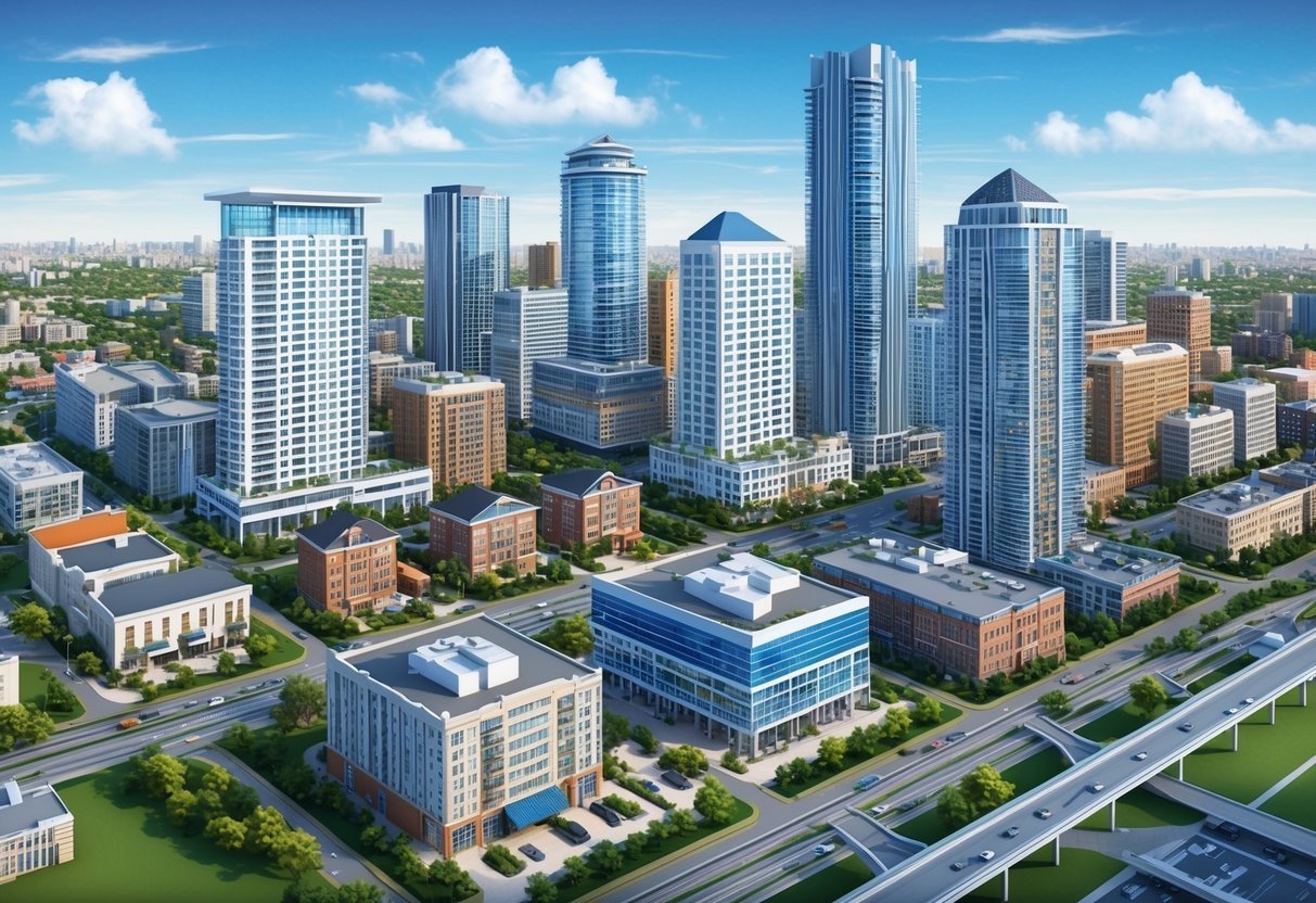 Cityscape with tall skyscrapers, buildings, roads, and a bright blue sky