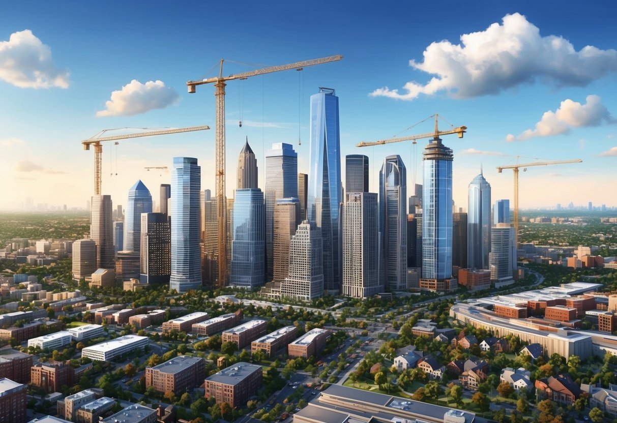 A bustling city skyline with skyscrapers and construction cranes, surrounded by diverse neighborhoods and growing infrastructure