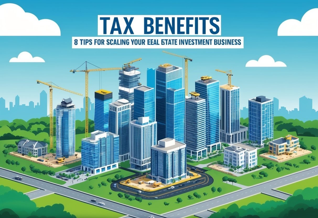 A bustling city skyline with multiple high-rise buildings and construction sites, surrounded by greenery and properties with "Tax Benefits 8 Tips for Scaling Your Real Estate Investment Business" prominently displayed