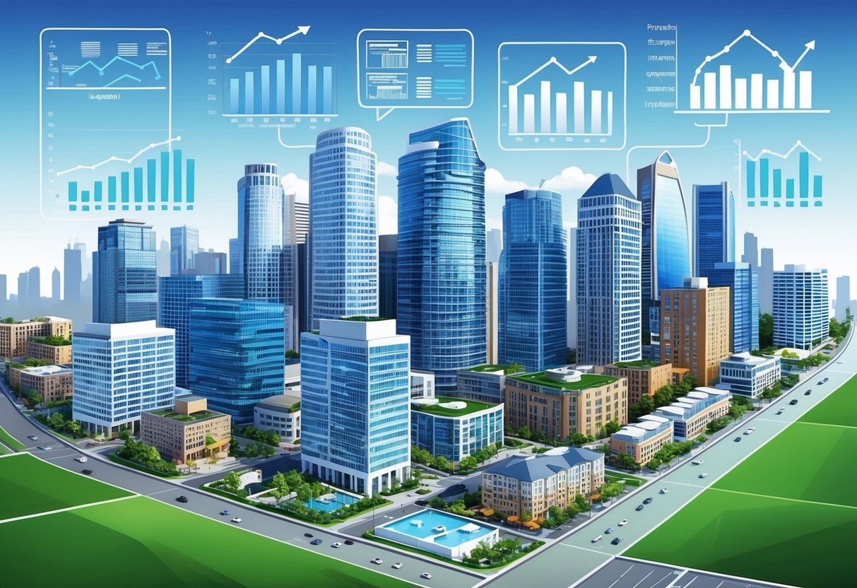 A bustling city skyline with various types of real estate properties, such as office buildings, residential complexes, and retail spaces, surrounded by graphs and charts showing market trends