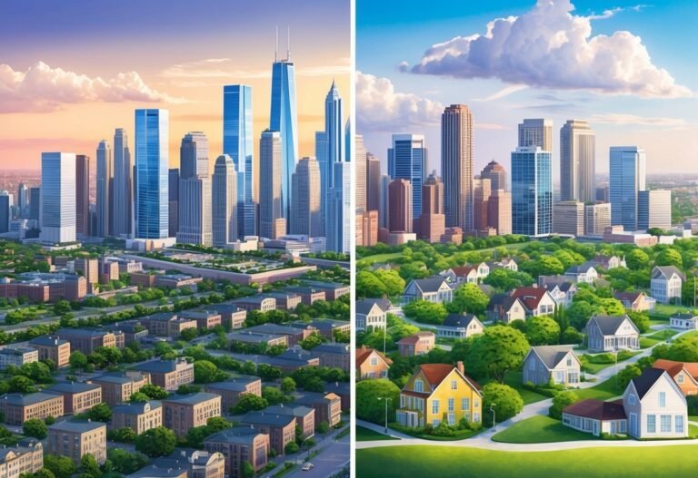 Cityscape split image: skyscrapers on one side, suburban homes on the other