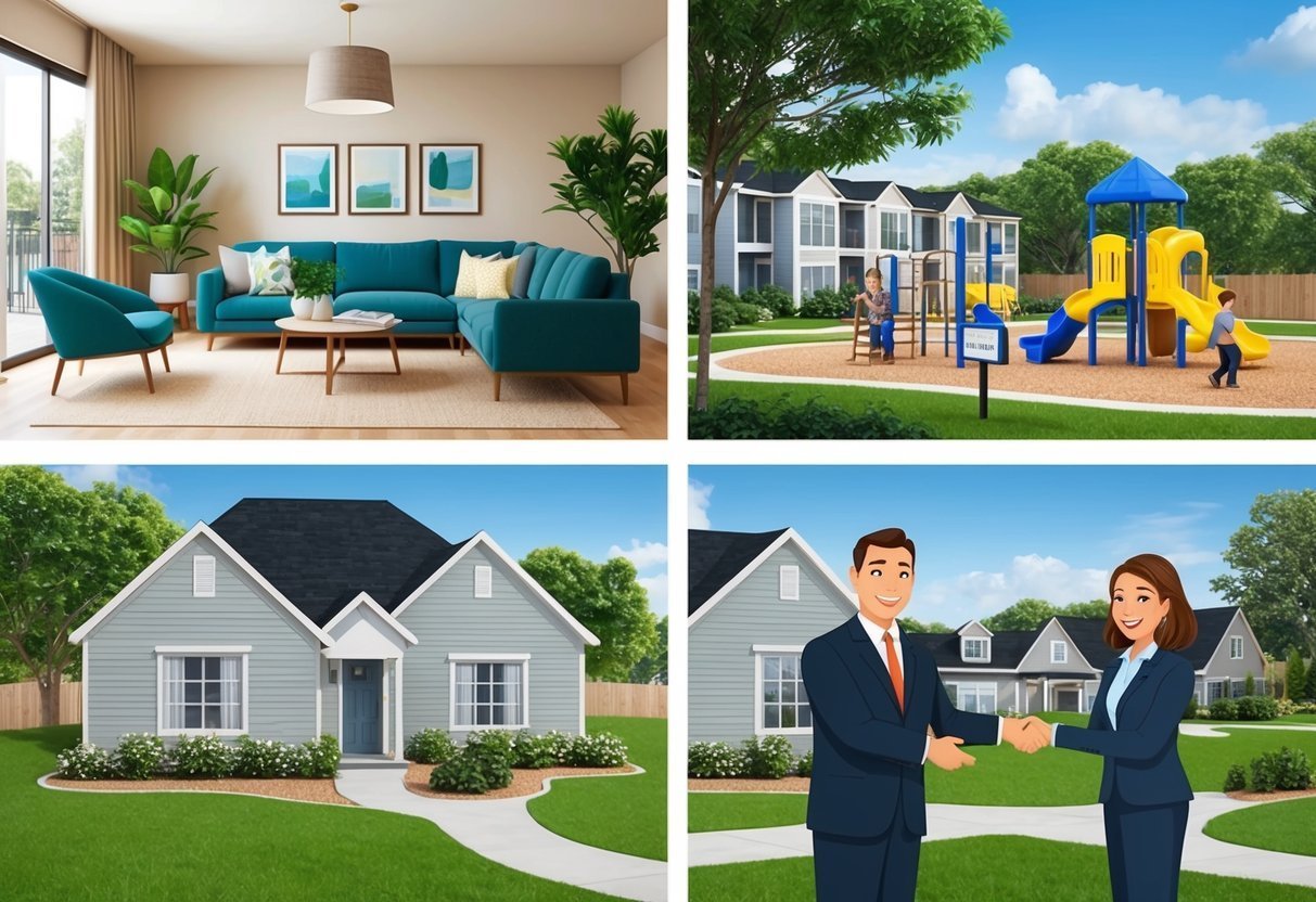 Four images: living room, playground, house, and real estate agents shaking hands