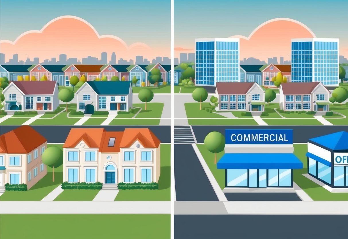 A residential neighborhood with houses and a commercial area with office buildings and storefronts, showcasing the differences between residential and commercial real estate investing