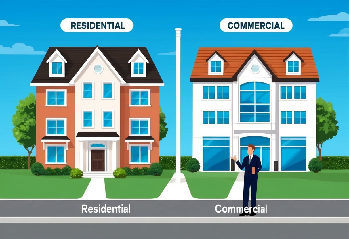 A residential house and a commercial building side by side, with a real estate agent comparing key differences in front