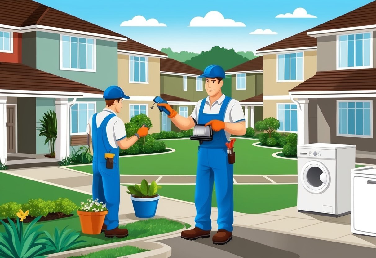 A maintenance worker completing various tasks around a well-kept rental property, such as landscaping, painting, and fixing appliances