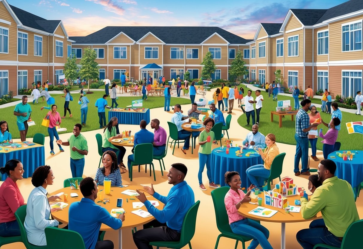 A bustling community event with tenants engaging in various activities such as games, workshops, and socializing.</p><p>The atmosphere is vibrant and welcoming, with everyone enjoying themselves