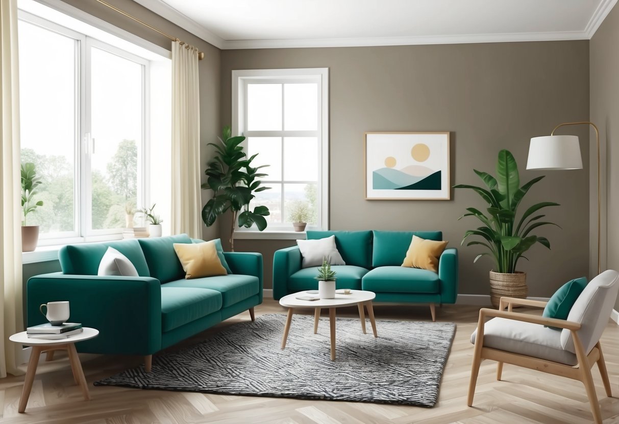 A cozy living room with a modern sofa and coffee table, a plant in the corner, and a large window letting in natural light